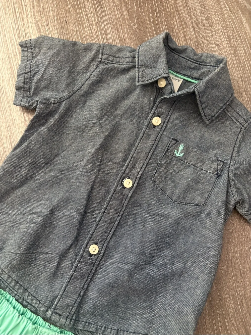 Toddler Short Sleeve Chambray Shirt and Mint Anchor Shorts Set